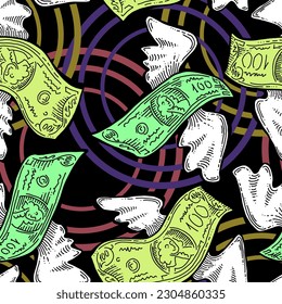 Money seamless vector pattern background for print design. Hundred dollars banknotes, a lot of cash for finance. economy, business success theme. Hand drawn line illustration, cartoon style drawing.