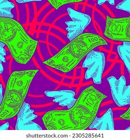 Money seamless vector pattern background for print design. Hundred dollars banknotes, a lot of cash for finance. economy, business success theme. Hand drawn line illustration, cartoon style drawing.