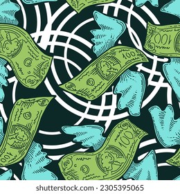 Money seamless vector pattern background for print design. Hundred dollars banknotes, a lot of cash for finance. economy, business success theme. Hand drawn line illustration, cartoon style drawing.