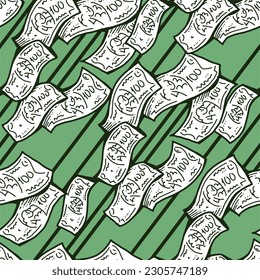 Money seamless vector pattern background for print design. Hundred dollars banknotes, a lot of cash for finance. economy, business success theme. Hand drawn line illustration, cartoon style drawing.