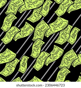 Money seamless vector pattern background for print design. Hundred dollars banknotes, a lot of cash for finance. economy, business success theme. Hand drawn line illustration, cartoon style drawing.