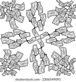 Money seamless vector pattern background for print design. Hundred dollars banknotes, a lot of cash for finance. economy, business success theme. Hand drawn line illustration, cartoon style drawing.