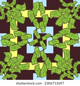 Money seamless vector pattern background for print design. Hundred dollars banknotes, a lot of cash for finance. economy, business success theme. Hand drawn line illustration, cartoon style drawing.