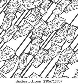 Money seamless vector pattern background for print design. Hundred dollars banknotes, a lot of cash for finance. economy, business success theme. Hand drawn line illustration, cartoon style drawing.