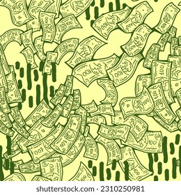 Money seamless vector pattern background for print design. Hundred dollars banknotes, a lot of cash for finance. economy, business success theme. Hand drawn line illustration, cartoon style drawing.