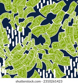 Money seamless vector pattern background for print design. Hundred dollars banknotes, a lot of cash for finance. economy, business success theme. Hand drawn line illustration, cartoon style drawing.
