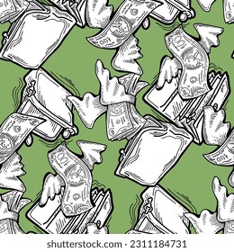 Money seamless vector pattern background for print design. Hundred dollars banknotes, a lot of cash for finance. economy, business success theme. Hand drawn line illustration, cartoon style drawing.