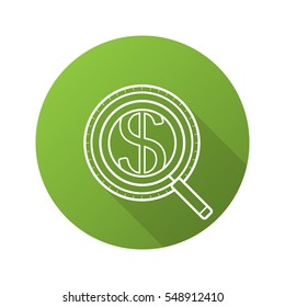 Money search flat linear long shadow icon. Magnifying glass with dollar sign. Market analysis and business analytics. Vector line symbol