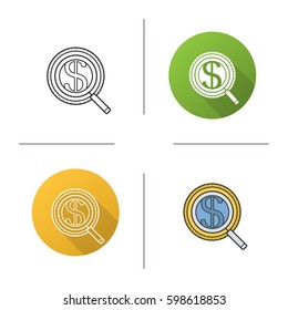 Money search icon. Flat design, linear and color styles. Magnifying glass with dollar sign. Market analysis and business analytics. Isolated vector illustrations
