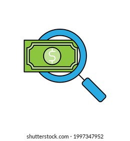Icono de Búsqueda de Dinero Ilustración vectorial. Dinero con búsqueda de concepto de vector de iconos para Banca, Finanzas, Moneda y Comercio de Inversiones sitio web, símbolo, icono, signo, plantilla de interfaz de usuario de la aplicación.