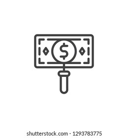 Money search line icon. linear style sign for mobile concept and web design. Magnifier dollar sign outline vector icon. Symbol, logo illustration. Pixel perfect vector graphics
