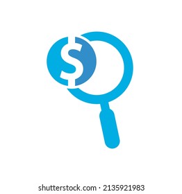 Money Search Logo Icon Template Design. coin and loupe logo combination. Money and magnifying symbol or icon.	