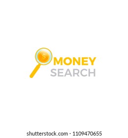 Money search logo. Magnifying glass with a dollar coin. Realistic gradient logotype