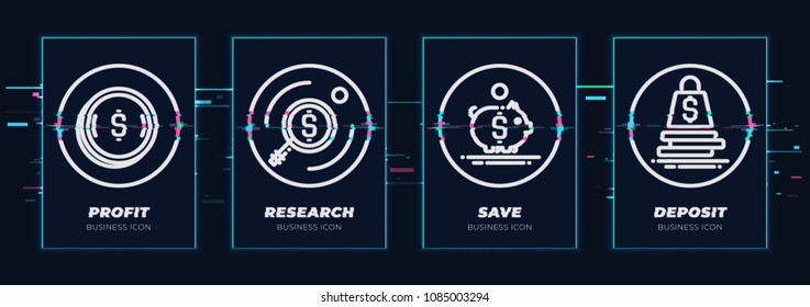 Money, search, save, deposit. Business theme glitched black icons set. Scalable vector objects on transparent background. Modern distorted glitch style.