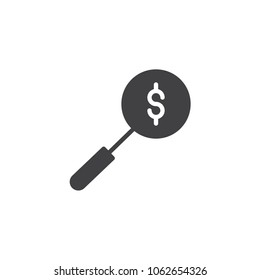 Money search vector icon. filled flat sign for mobile concept and web design. Dollar magnifying glass simple solid icon. Symbol, logo illustration. Pixel perfect vector graphics