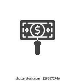 Money search vector icon. filled flat sign for mobile concept and web design. Magnifier dollar sign simple solid icon. Symbol, logo illustration. Pixel perfect vector graphics