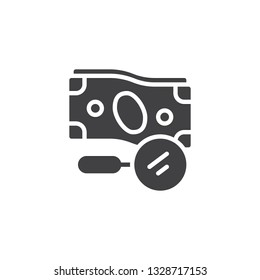Money search vector icon. filled flat sign for mobile concept and web design. Money bill and magnifier glyph icon. Symbol, logo illustration. Pixel perfect vector graphics