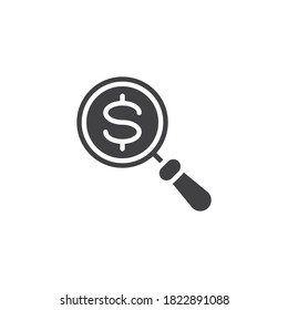 Money search vector icon. filled flat sign for mobile concept and web design. Magnifier with dollar glyph icon. Symbol, logo illustration. Vector graphics