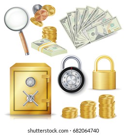 Money Secure Concept Vector. Gold Metal Coins, Money Banknotes Stacks, Encryption Padlock, Safe, Realistic Magnifying Glass. Commercial Investment Illustration Isolated On White Background