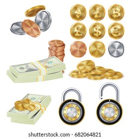 Money Secure Concept Vector. Metal Coin, Money Banknotes Stacks, Encryption Padlock. Dollar, Euro, GBP, Rupee, Franc, Yuan, Won. Commercial Investment Illustration Isolated On White Background