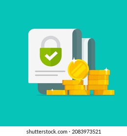 Money Secure Private Lock Document As Bank Deposit Slip Agreement Vector Or Cash Income Safety Insurance Flat Cartoon Icon, Privacy Protection Padlock On Coins Stack, Closed Access Permission Concept