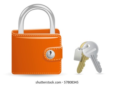 Money security concept. Locked Wallet. Illustration of a wallet closed on the lock and a bunch of keys.