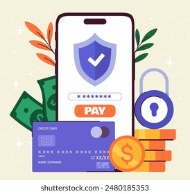 Money security concept. Smartphone with banking card and golden coins. Protection of personal data and information. Password and login. Cartoon flat vector illustration isolated on beige background