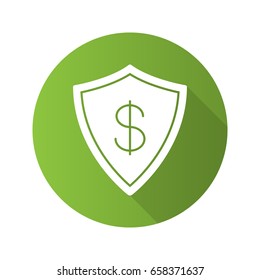 Money security flat design long shadow glyph icon. Protection shield with dollar sign. Vector silhouette illustration