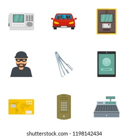 Money security icon set. Flat set of 9 money security vector icons for web design