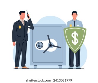 Money security, men in uniform security officers monitoring bank safe. Investment protection. Man hold shield. Bank deposit insurance, safe cash. Cartoon flat isolated vector concept
