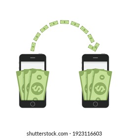 Money sending between smartphones. Cash transfer from wallet to another wallet. Business, financial savings, earning or making money concept. Vector illustration in flat style. EPS 10.