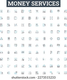 Juego de iconos de línea vectorial de servicios de dinero. Dinero, servicios, banca, finanzas, transferencias, pagos, ilustración de moneda, símbolos y signos de concepto
