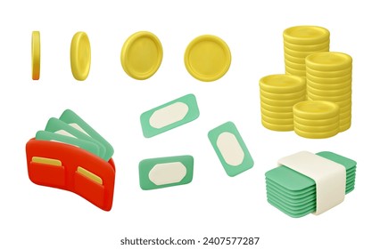 Money, set of 3d vector illustration isolated on white background, volume render. Bills and coins, realistic objects for design. Rendering isometric icons. Finance concept
