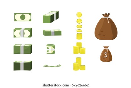 Money set: banknote bundles, coins, coins piles, money bags