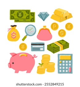 Money set, business symbols and financial elements. Funny doodle hand drawn vector illustration. Cute cartoon banking collection, isolated on white. Vector illustration