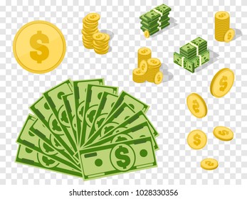 Money set. Coins and banknotes isolated. Vector success concept illustration