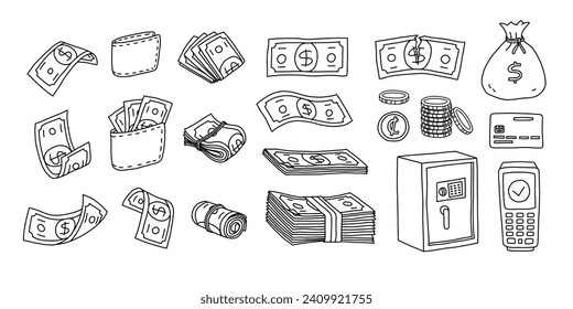 Money set doodle vector illustration. Falling and folded banknotes, credit card and coins. Hand drawn sketch style icons. Financial Literacy Month