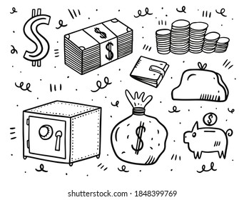 Money set elements. Doodle style vector illustration. Black outline. Isolated on white background.