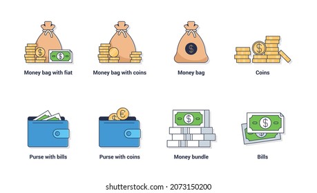 Money set flat icons with stroke. Money bag, bills, coins, currency, cash and purse vector illustration