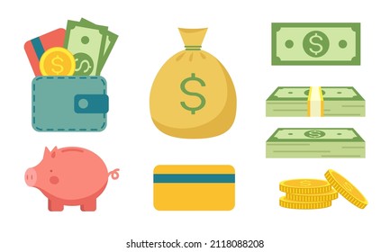 Money set in a flat style isolated on a white background.Coins and bundles of banknotes. Piggy bank and money bag.Card and wallet.Stock vector illustration. 