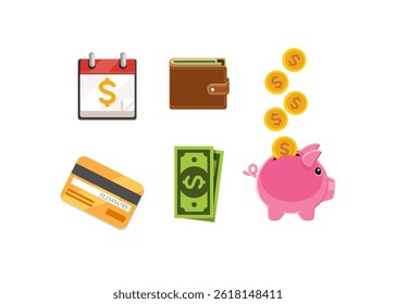 Money set in a flat style isolated on a white background.Coins and bundles of banknotes. Piggy bank and money bag.Card and wallet.Stock vector illustration.