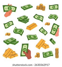 Money set. Flying cash, banknotes, money stack, dollar bills, gold bars. Money investment and business concept. Cash paper currency.