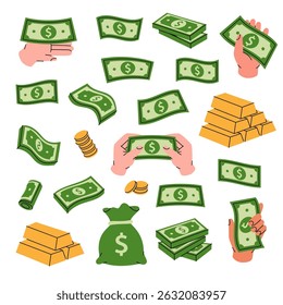 Money set. Flying cash, green banknotes, stack of money, dollar bills, gold coins and bars. Money investment concept. Cash paper currency.