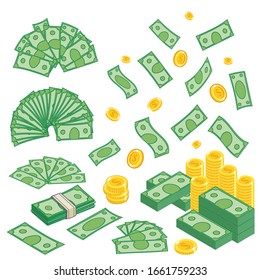 Money Set. Golden Coins And Dollar Bills In Piles. Packs Of American Money. Flying Banknots And Dollar Fans. Vector Illustration.