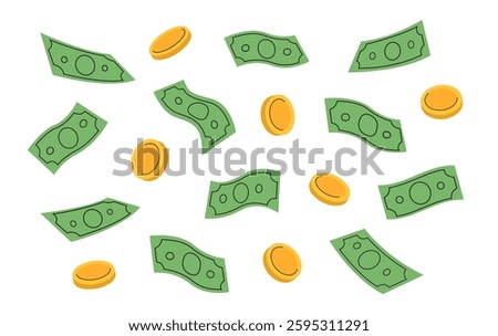 Money set. Green dollar banknotes and golden coins. Collection of different dollar and coin positions. Vector illustration isolated on white background.