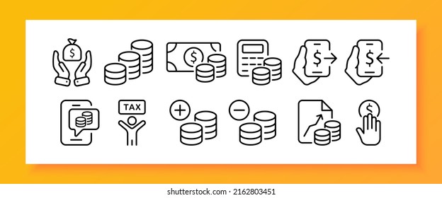Money set icon. Bag of gold, dollar, banknote, calculator, cash drawer, tax, career, salary, advertising, business. Shopping concept. Vector line icon for Business and Advertising