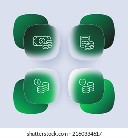 Icono de juego de dinero. Billete, dólar, calculadora, moneda, oro, carrera, ganancia, negocios, impuestos, gastos, perspectiva. El concepto salarial. Estilo de glasmorfismo. Icono de línea de vector para negocios y publicidad