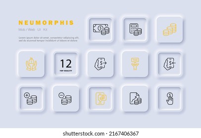 Money set icon. Banknote, income, calculator, profit, expenses, loss, salary, calculator, payment, tax, growth, career. Business concept. Neomorphism style. Vector line icon for Advertising