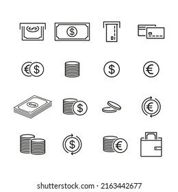 Money set icon. Bill, dollar, ATM, terminal, coin, euro, salary, purchase, wallet, card, bank, credit card. Payment concept. Vector line icon for Business and Advertising