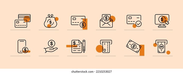 Money set icon. Card, wallet, check, mail, coin, bill, ATM, terminal, click, online purchase, transaction, shopping, nfs, contactless payment. Pastel color background. Vector line icon